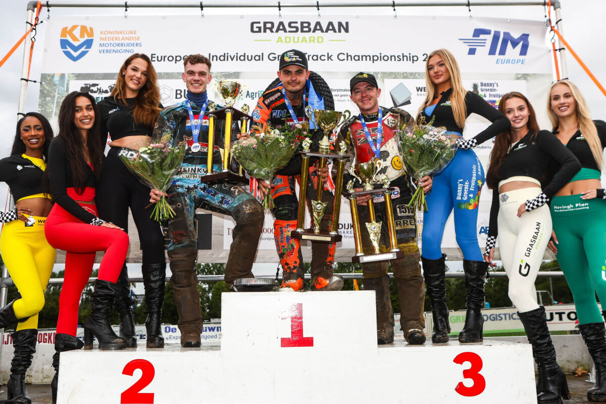 James Shanes on the podium at the 2026 European Grasstrack Championship
