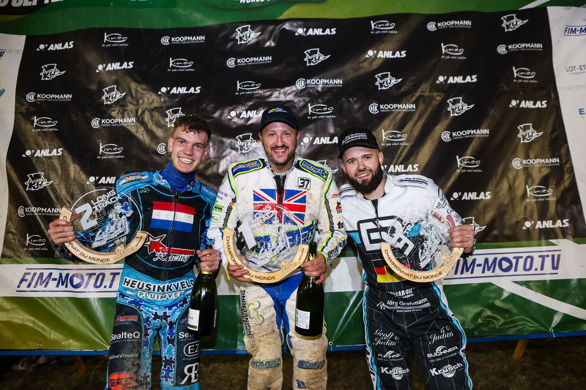 Chris Harris and Erik Riss at the 2026 FIM Long Track World Championship finale in Marmande