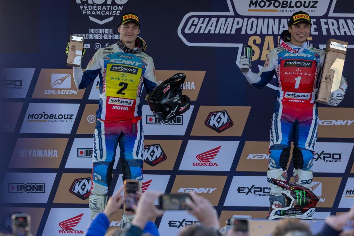 Todd Kellett celebrating on the podium after winning the 2026 Berck Beach-Cross in France.