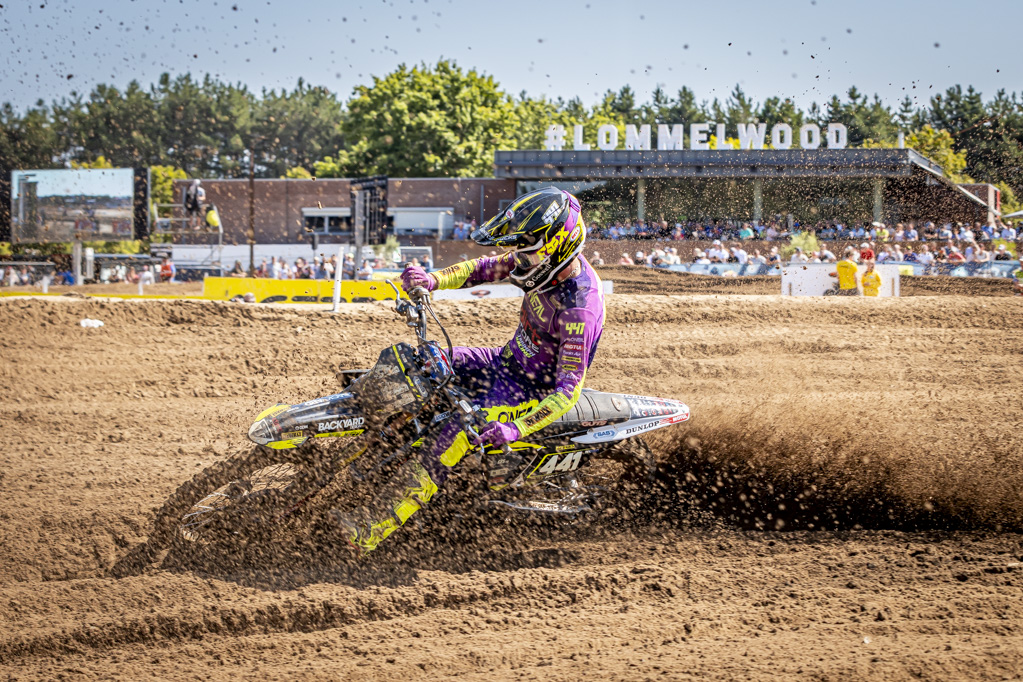 Billy Askew celebrates his first EMX250 race victory at the MXGP of Flanders in Lommel.