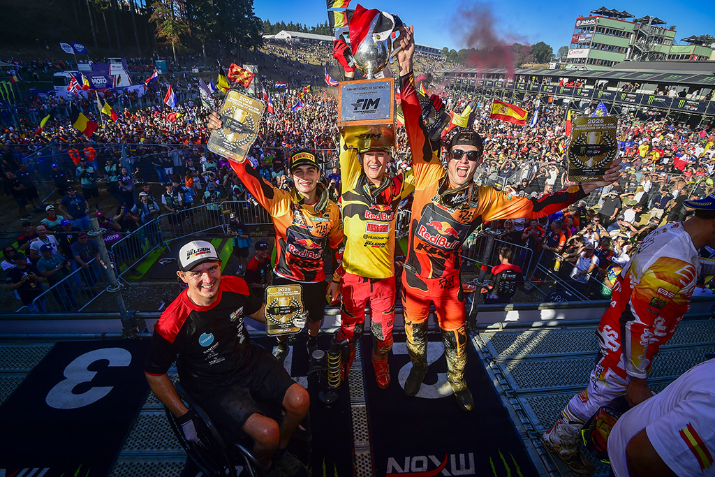 Team Belgium celebrate their 2026 Motocross of Nations victory at Ernée