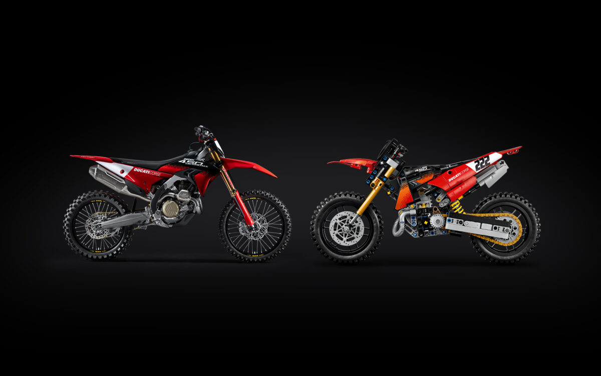LEGO Technic Ducati Desmo450 MX Factory motocross bike model created in collaboration with Ducati