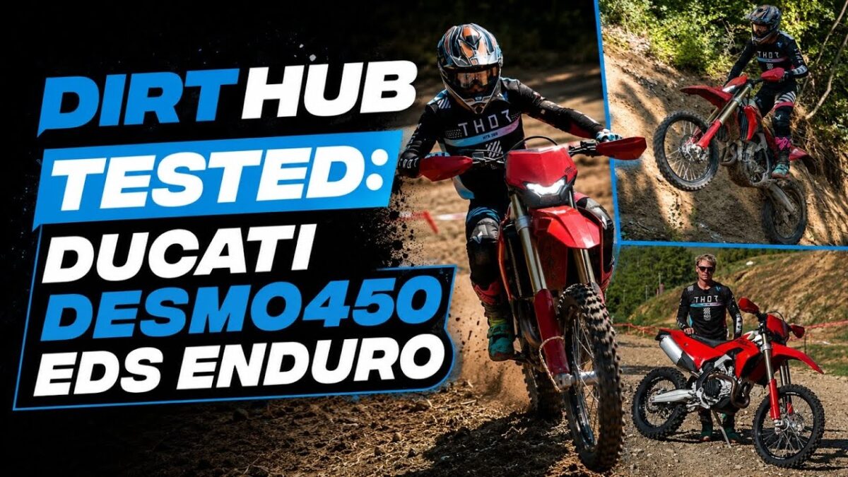 Callum Gordon riding the Ducati Desmo450 EDS enduro bike during the Dirt Hub Tested first ride in Italy