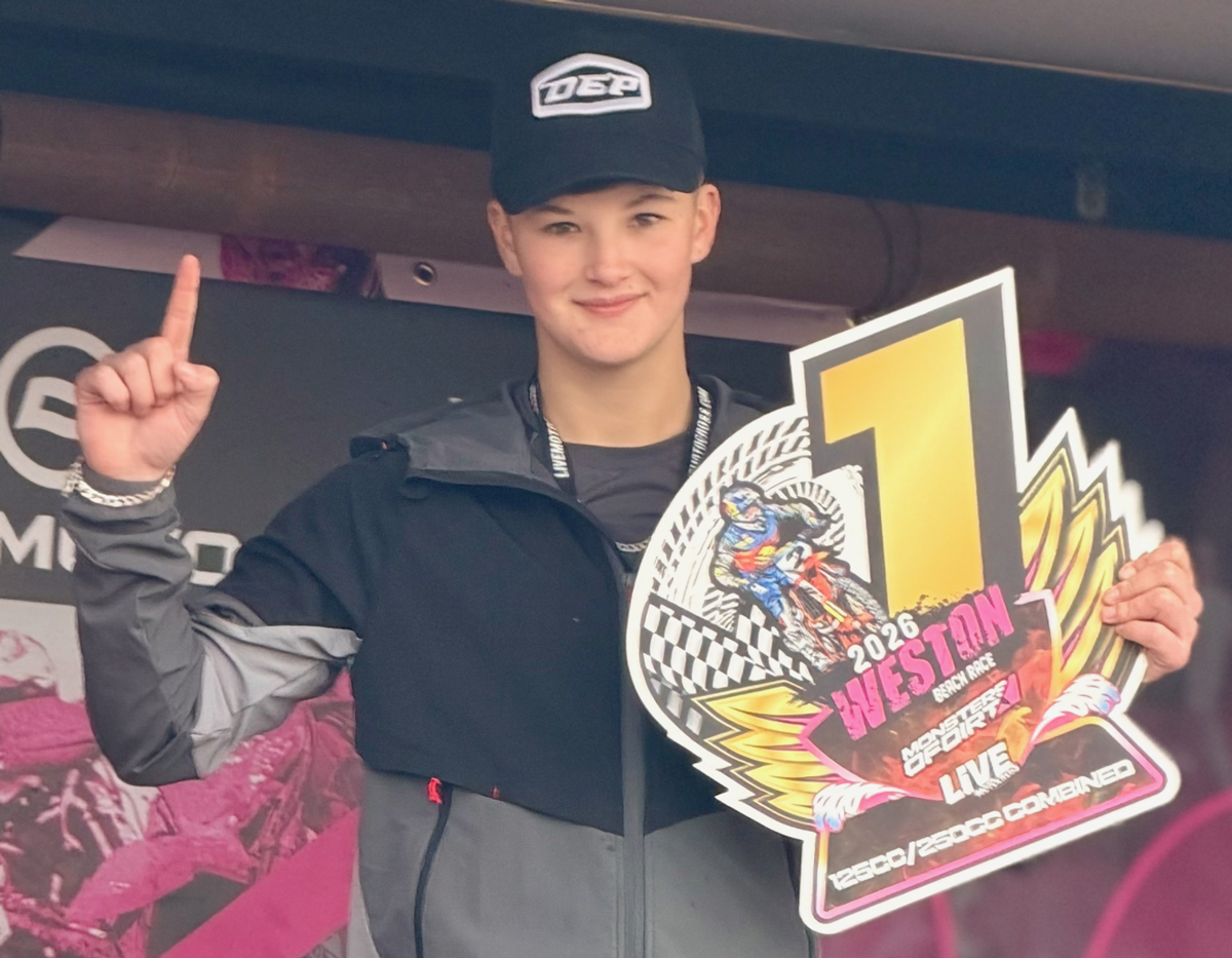 Mylie Evans celebrates her 2026 MXGB Women Youth Championship and Weston Beach Race class victories