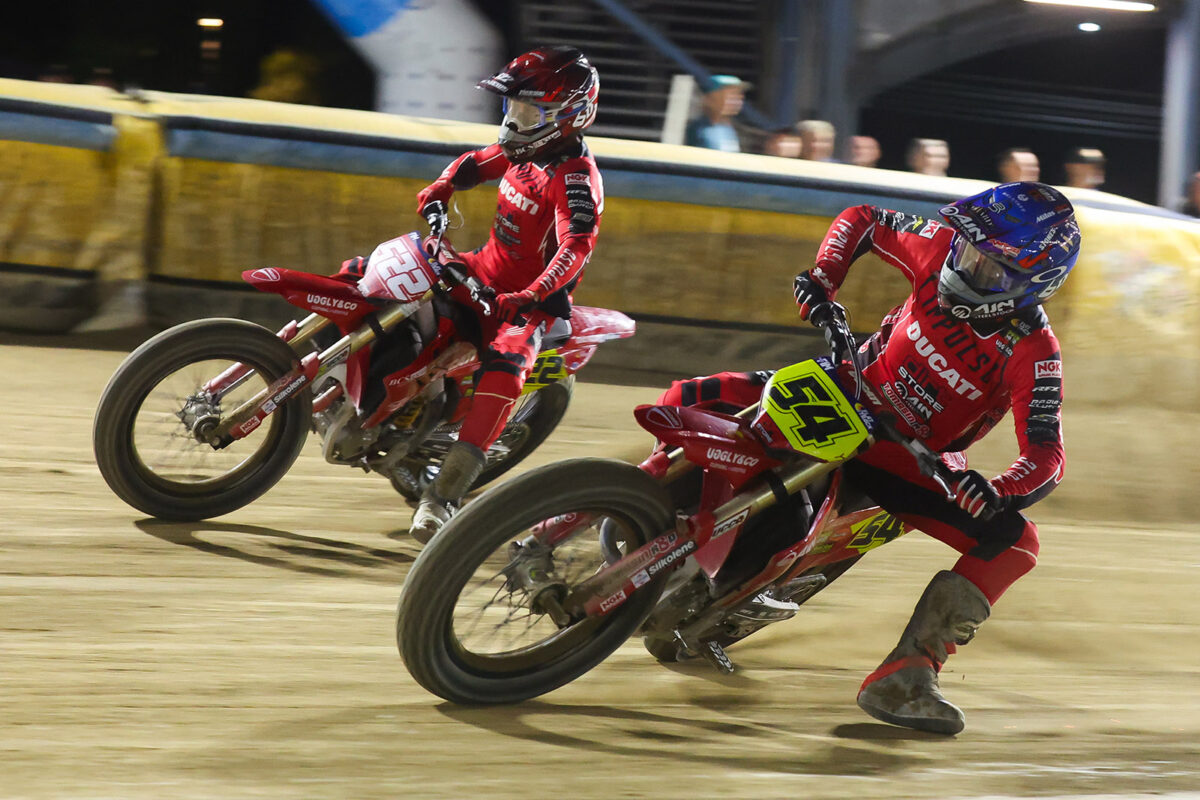 Tim Neave and Ashton Boughen racing for the VRX Dirt Store Ducati Flat Track team