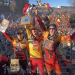 Team Belgium celebrate winning the 2026 Motocross of Nations at Ernée, France