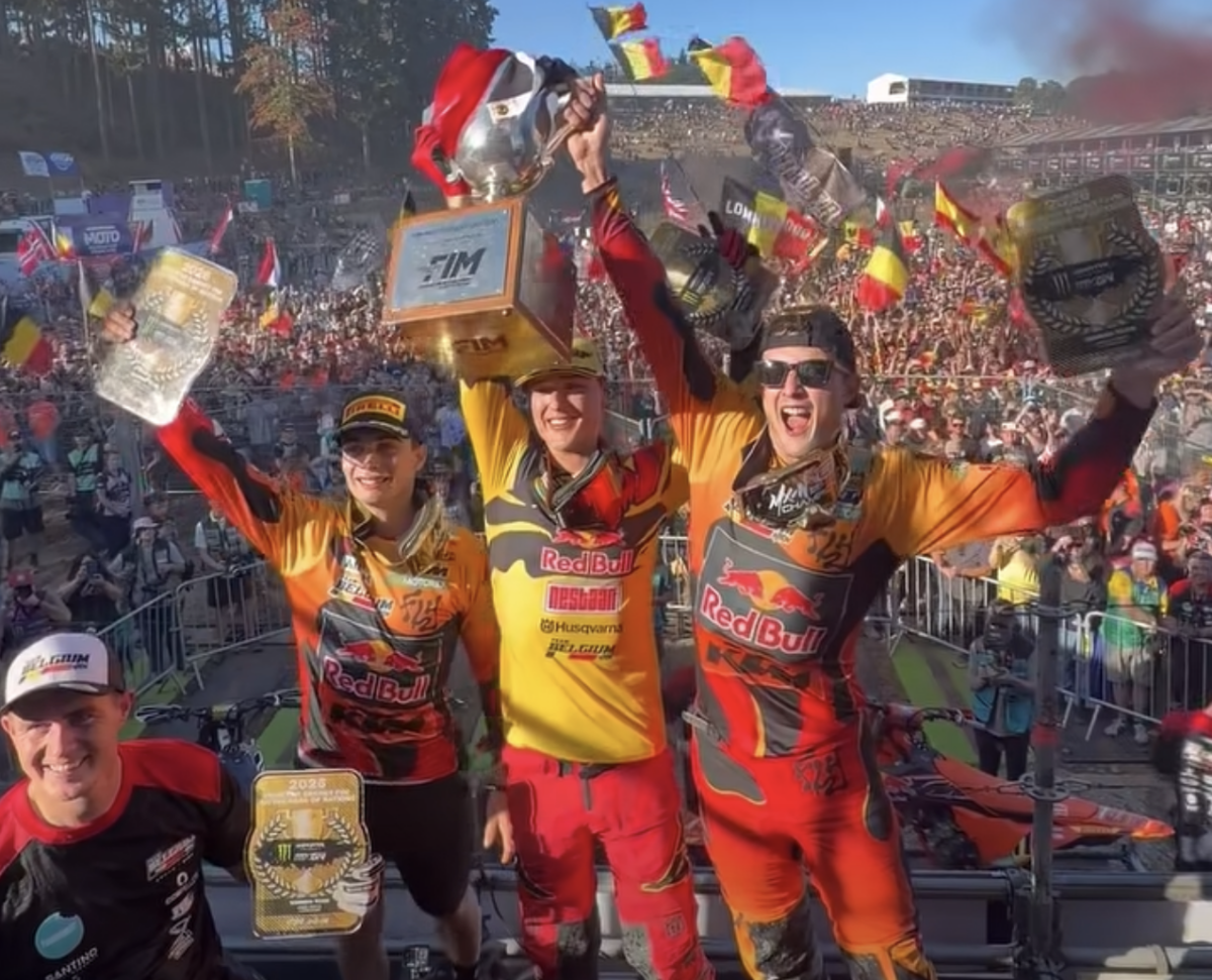 Team Belgium celebrate winning the 2026 Motocross of Nations at Ernée, France