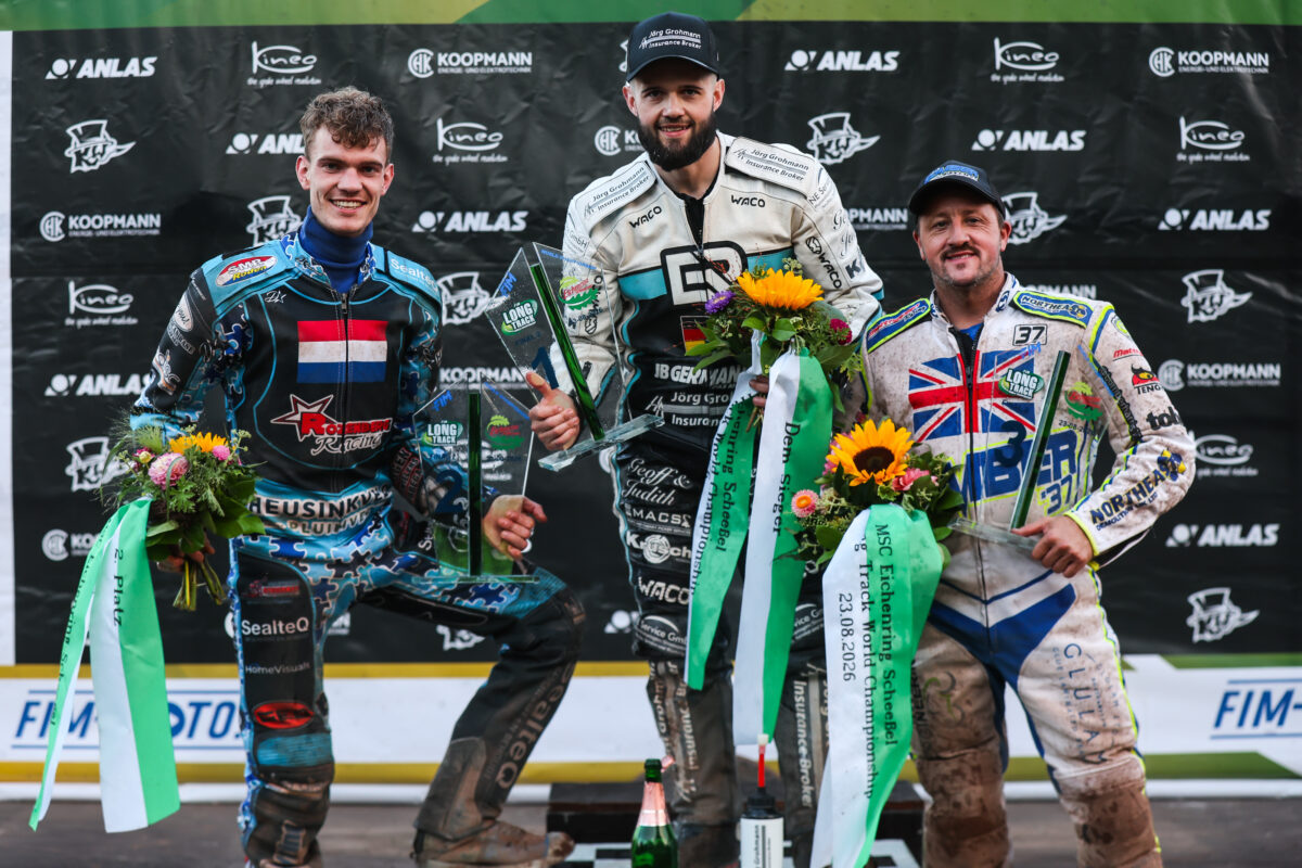 Chris Harris on the podium at the 2026 FIM Long Track World Championship opener in Scheessel