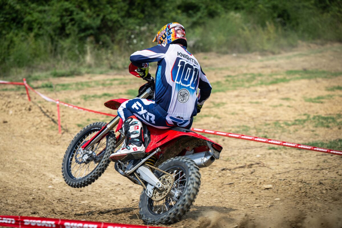 David Knight riding the Ducati Desmo450 EDS ahead of its FIM EnduroGP World Championship debut at the EnduroGP of Wales.