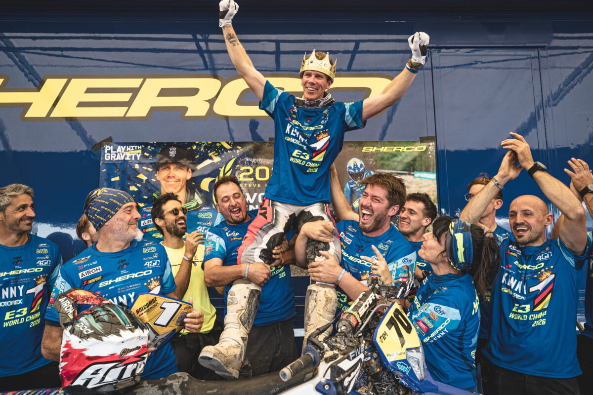 Steve Holcombe celebrates winning the 2026 Enduro3 World Championship and his tenth world title